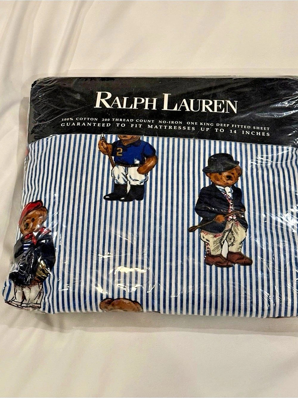 NWT Vintage Ralph Lauren Teddy Bear Stripe King Deep Fitted Sheet
